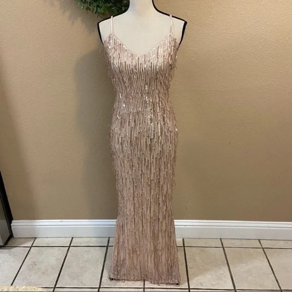 Endless Festivities Rose Gold Sequin Fringe Lace-Up Maxi Dress - Picture 2 of 15